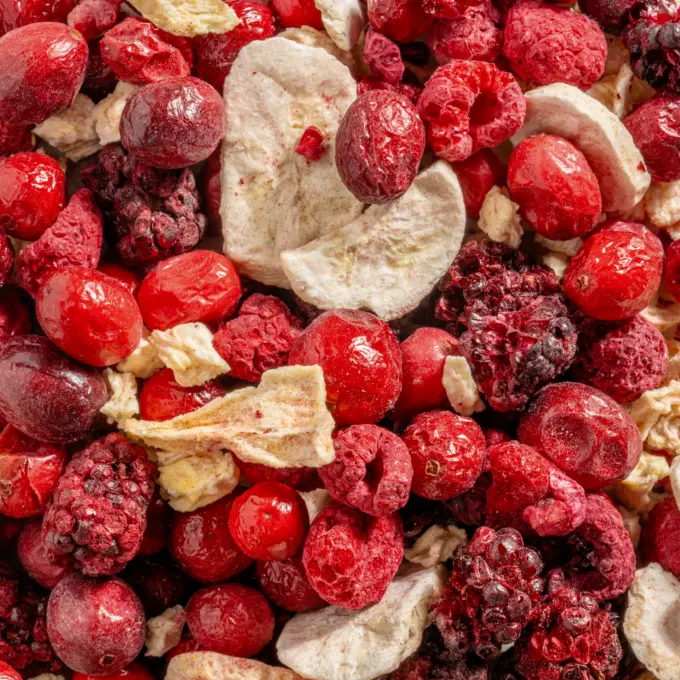 Das Bild zeigt eine Makroaufnahme des gefriergetrockneten Früchte-Mix "Multi Vital" von NutriPur