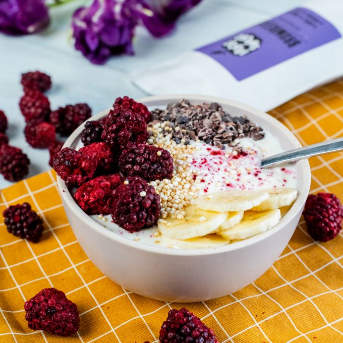 Gefriergetrocknete Früchte Joghurt Frühstück Bowl Obst Brombeeren natürlich