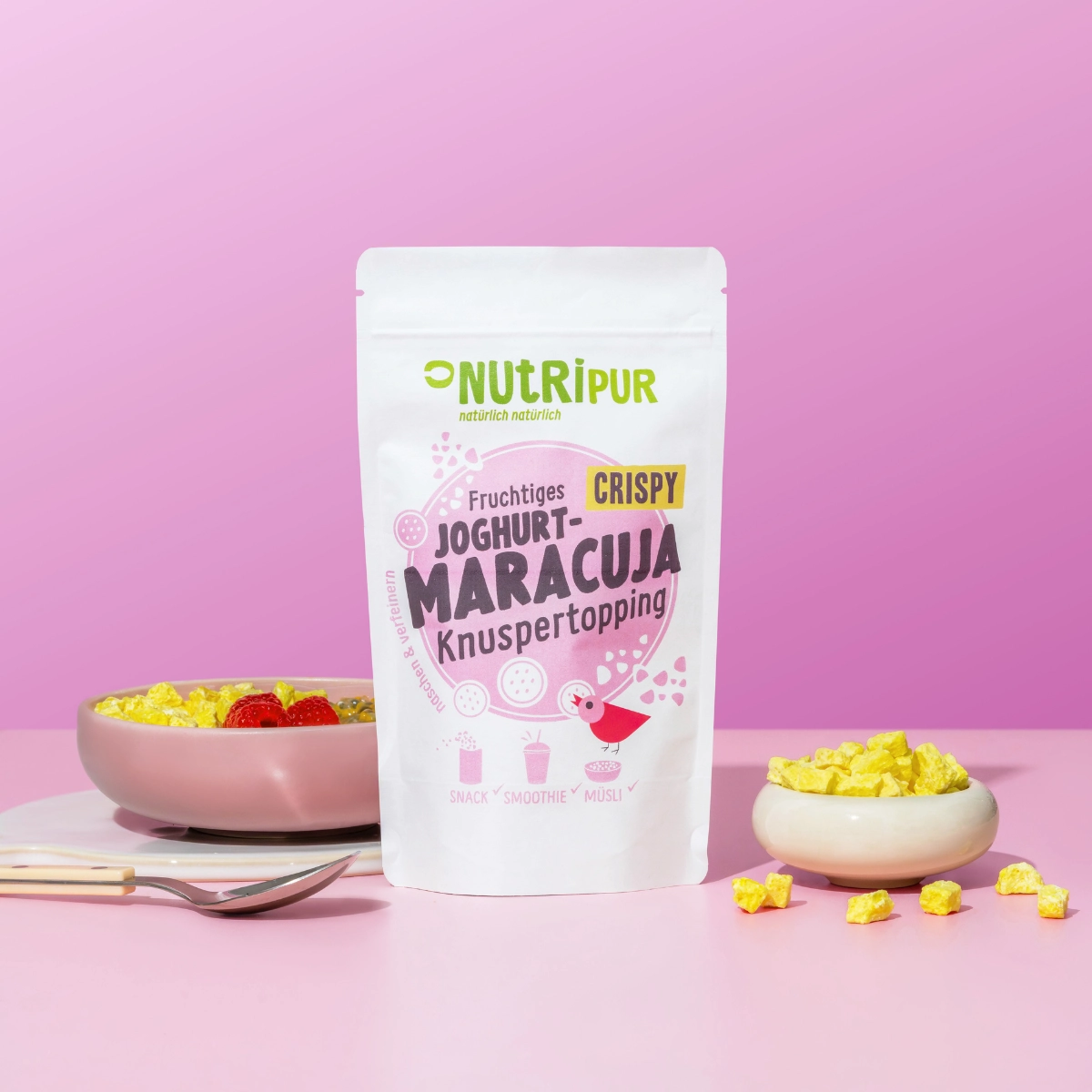 Detailbild der Verpackung und des Joghurt-Maracuja-Knuspertoppings