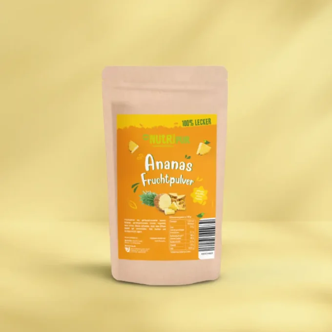 Hier ist ein Bild mit der Verpackung für das Ananaspulver von NutriPur