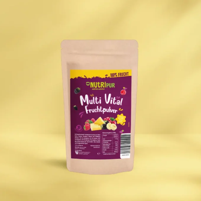Foto mit der Verpackung für das NutriPur Multi Vital Pulver aus Cranberries, Brombeeren, Ananas, Himbeeren & Bananen
