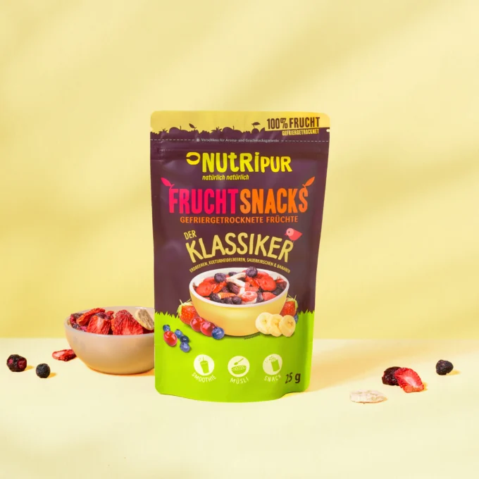 Hier ist ein Produktbild des gefriergetrockneten Fruchtmix Klassikers von Nutripur