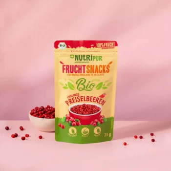 Hier ist ein Produktbild der gefriergetrockneten Preiselbeeren in Bioqualität von Nutripur
