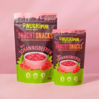 Von NutriPur zum Kauf angebotenen Varianten der gefriergetrockneten roten Johannisbeeren.