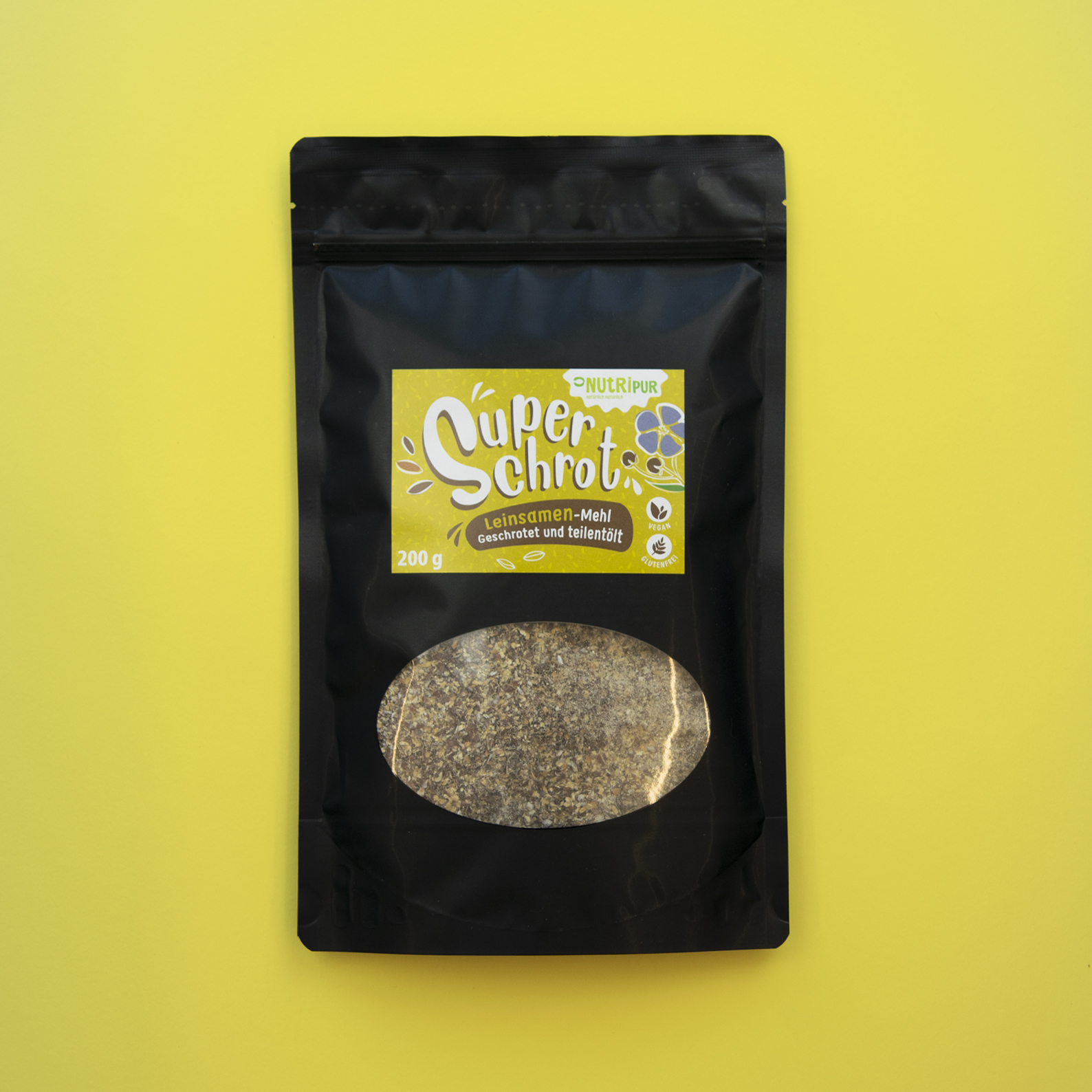 Verpackung mit Sichtfenster,Leinsamen geschrotet.