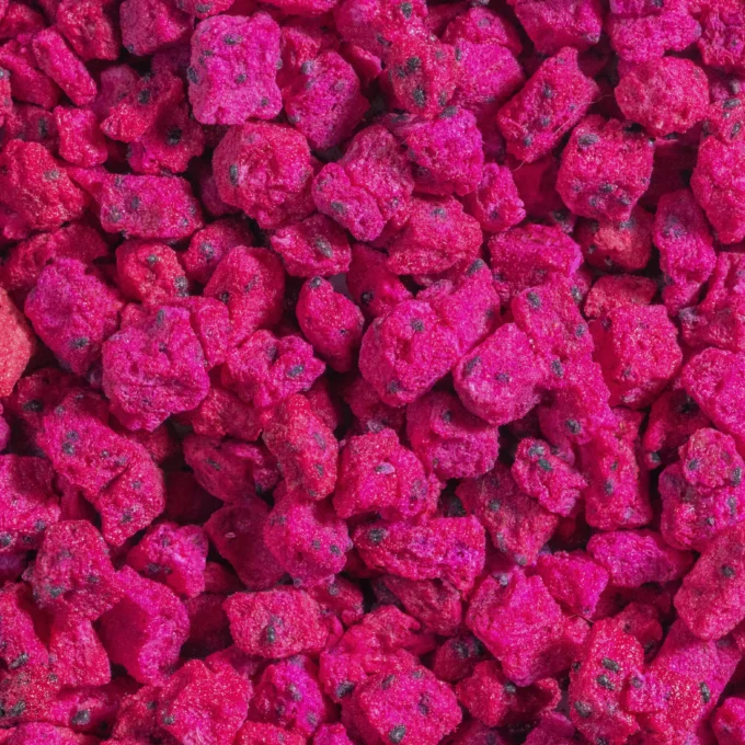 Das Bild zeigt eine Makroaufnahme der gefriergetrockneten Drachenfrüchte von Nutripur