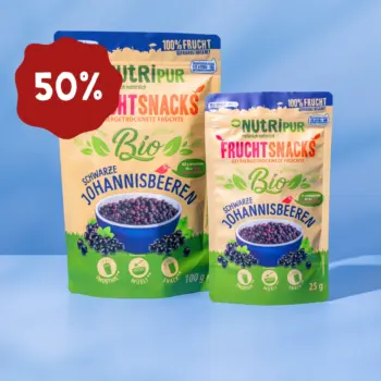 Von NutriPur zum Kauf angebotenen Varianten 25 Gramm und 100g der Bio gefriergetrockneten schwarzen Johannisbeeren. 100g jetzt 50 Prozent Rabatt