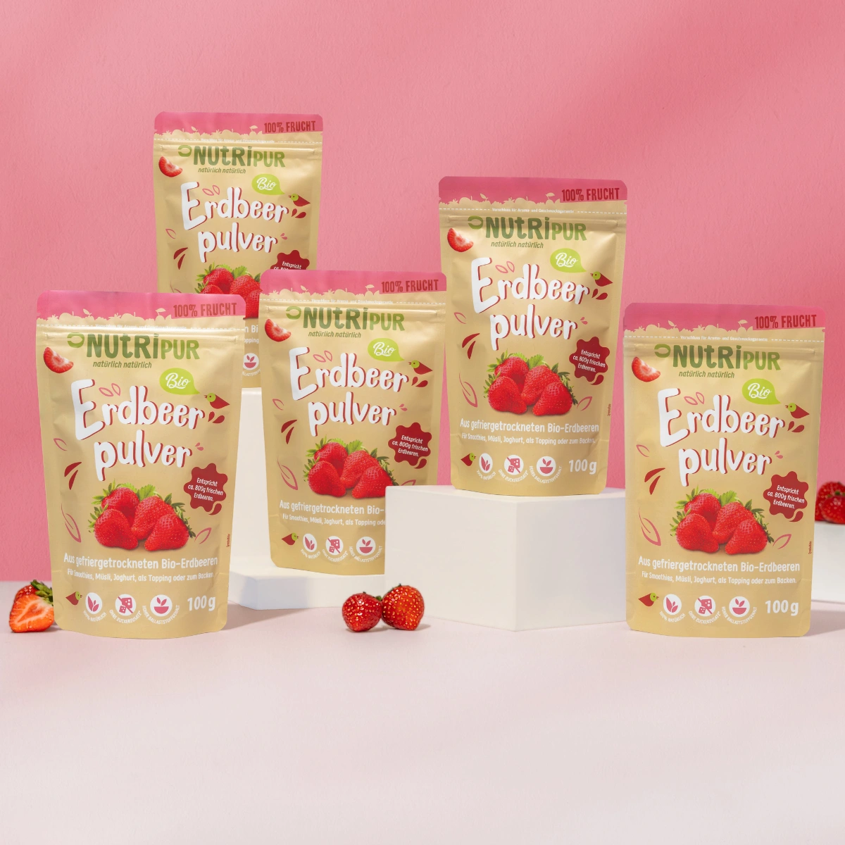 5 x 100g Fruchtpulver Erdbeeren BIO, gefriergetrocknet