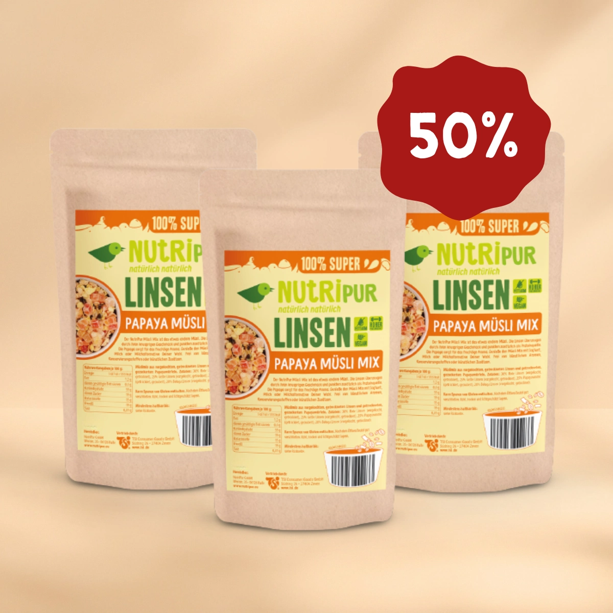Angebot 3 x 150 Gramm Linsen-Müsli Papaya. Jetzt 50 Prozent Rabatt