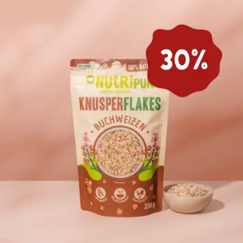 Hier ist ein Produktbild der Buchweizen-Knusperflakes von Nutripur. Jetzt 30 Prozent Rabatt.