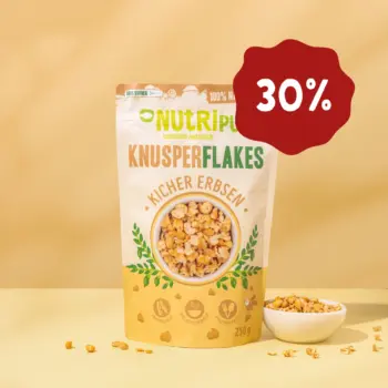 Hier ist ein Produktbild der Kichererbsen-Knusperflakes von Nutripur. jetzt 30% Rabatt