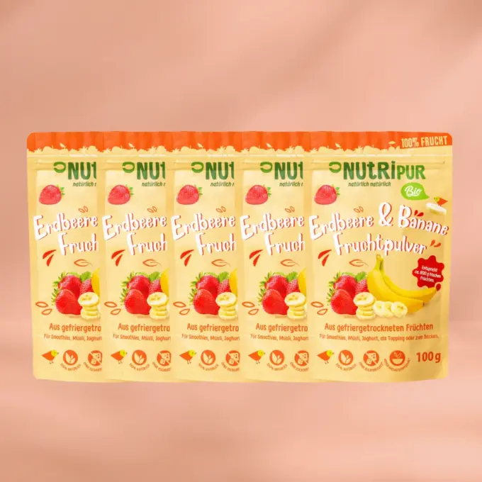 ANGEBOT! 5 x 100g Fruchtpulver Erdbeeren und Banane BIO, gefriergetrocknet