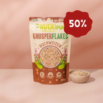 Hier ist ein Produktbild der Buchweizen-Knusperflakes von Nutripur. Jetzt 50 Prozent Rabatt.