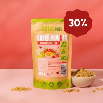 Hier ist ein Produktbild vom SuperPowder Bio Hagebuttenpulver von NutriPur. Jetzt 30 Prozent Rabatt