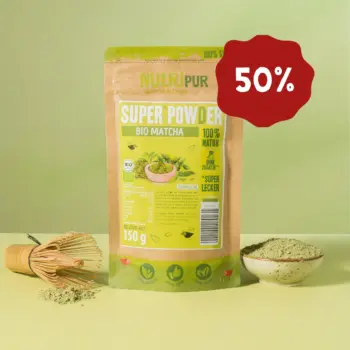 Produktbild vom SuperPowder Bio Matchapulver von NutriPur. Jetzt mit 50% Rabatt