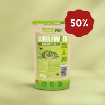 Hier ist ein Produktbild vom SuperPowder Bio Matcha-Pulver von NutriPur. Jetzt 50 Prozent Rabatt