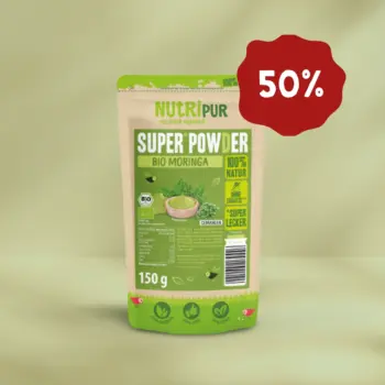 Produktbild vom SuperPowder Bio Moringa von NutriPur. Jetzt 50 Prozent Rabatt