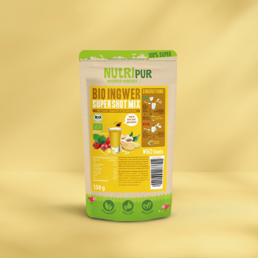 Hier ist ein Produktbild vom Supershot-Mix Bio-Ingwer von NutriPur.