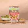 Hier ein Foto der Verpackung für die würzigen, proteinreichen Ackerbohnen-Crispies von NutriPur und eine Schüssel mit Salat und den Crispies als Topping