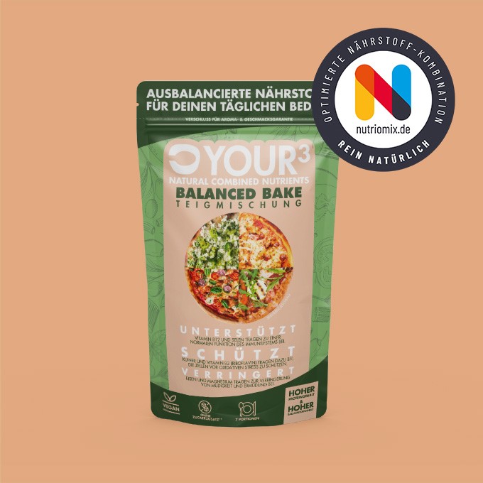 Nutriomix-Your3 Teigmischung zur Herstellung eines nährstoffoptimierten Teig für für Pizza und Flammkuchen, für Wrap oder als Brötchen.