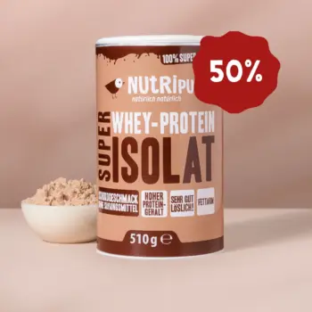 Produktbild des Super Isolat Whey Proteinpulvers Schoko. Jetzt 50% Rabatt