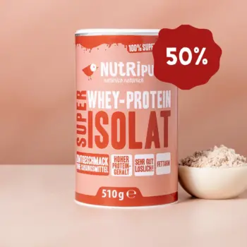 Hier ist ein Produktbild des Super Isolat Whey Proteinpulvers Zimt jetzt 50% Rabatt auf 510g Dose