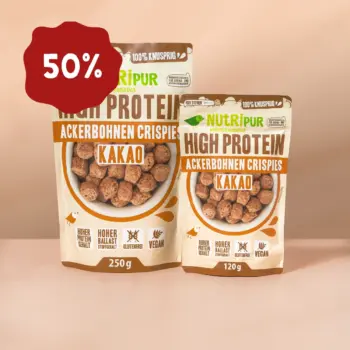 Hier ist ein Bild der von NutriPur zum Kauf angebotenen Varianten der Ackerbohnen Crispies Kakao. 250 g-Packung jetzt 50 Prozent Rabatt