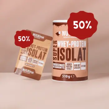 Hier ist ein Bild der von NutriPur zum Kauf angebotenen Variante des Super Isolat Whey Proteinpulvers Schoko. Jetzt 50% Rabatt