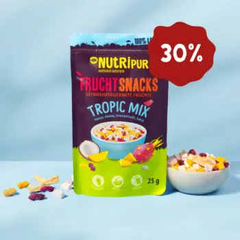Hier ist ein Produktbild der gefriergetrockneten Fruchtmischung "Tropic Mix" von Nutripur. Jetzt 30 Prozent Rabatt