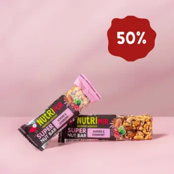 Hier ist ein Produktbild der Nussriegel Super Nut Barmit Mandeln und Cranberries 50 Prozent Rabatt