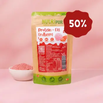 Hier ist ein Produktbild des NutriPur Eispulvers für Protein-Eis Erdbeere. Jetzt 50 Prozent Rabatt