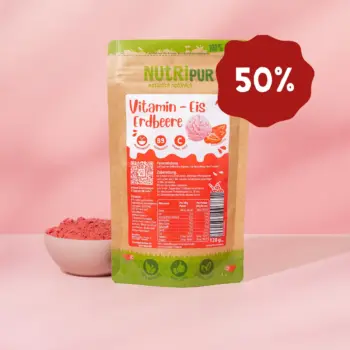 Hier ist ein Produktbild des NutriPur-Eispulvers für Vitamin-Eis Erdbeere. jetzt 50 Prozent Rabatt