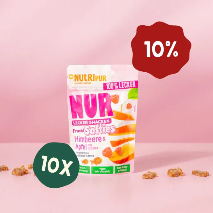 Hier ist ein Produktbild des Angebots 10 x 35 Gramm NUR Frucht Softies Himbeere und Apfel mit Crispies