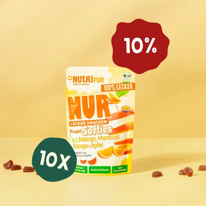 Hier ist ein Produktbild des Angebots 10 x 35 Gramm NUR Frucht Softies Mango, Maracuja, Orange BIO