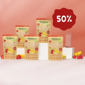 Hier ist ein Produktbild des Angebots 5 x 100 Gramm Fruchtpulver Erdbeer-Banane Bio-Mix