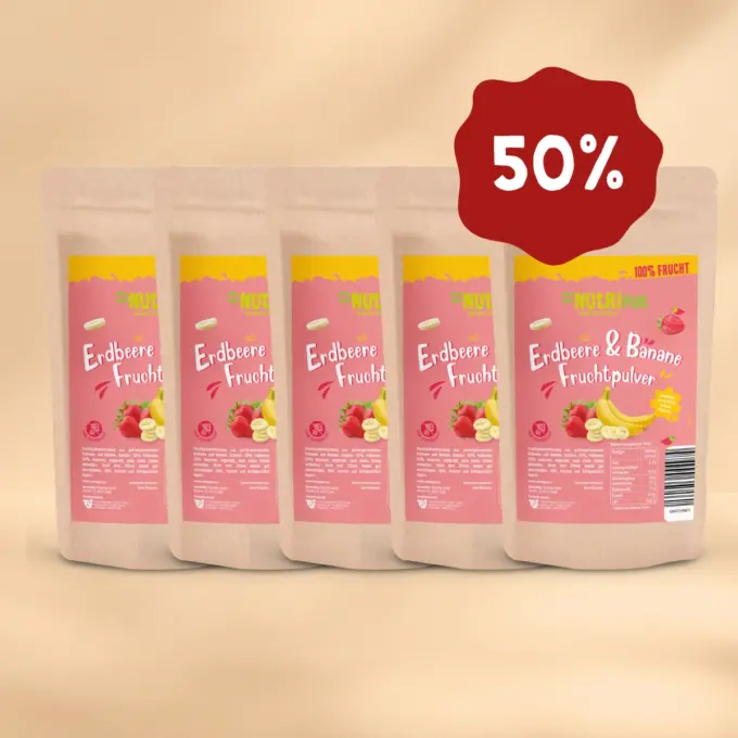Hier ist ein Produktbild des Angebots 5 x 100 Gramm Fruchtpulver Erdbeer-Banane-Mix