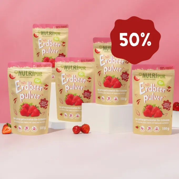ier ist ein Produktbild des Angebots 5 x 100 Gramm Fruchtpulver Erdbeer Bio