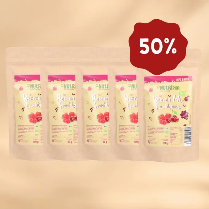 Hier ist ein Produktbild des Angebots 5 x 100 Gramm Fruchtpulver Kirsche-Beeren-Mix