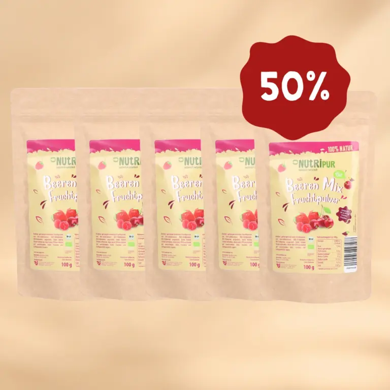 Hier ist ein Produktbild des Angebots 5 x 100 Gramm Fruchtpulver Kirsche-Beeren-Mix