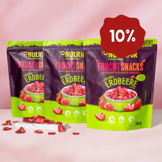 Hier ist ein Produktbild der gefriergetrockneten Erdbeeren im dreier Set (3x300 Gramm)