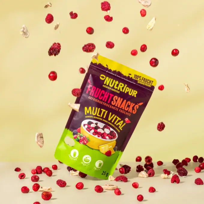 Detailbild der Verpackung und des gefriergetrockneten Fruchtmix "Multi Vital"