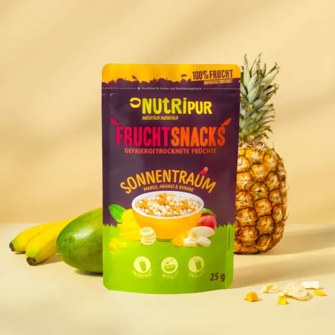 Detailbild der Verpackung und des gefriergetrockneten Fruchtmix "Sonnentraum"
