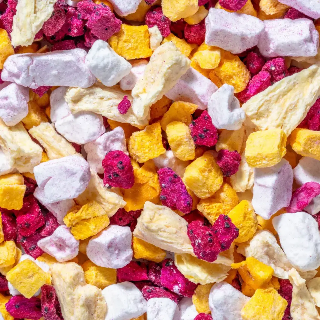 Ein Bild zeigt eine Makroaufnahme der gefriergetrockneten Fruchtmischung "Tropic Mix" von Nutripur