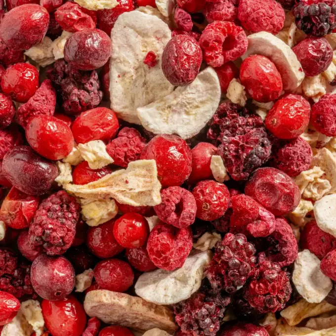 Ein Bild zeigt eine Makroaufnahme des gefriergetrockneten Fruchtmix "Multi Vital" von Nutripur