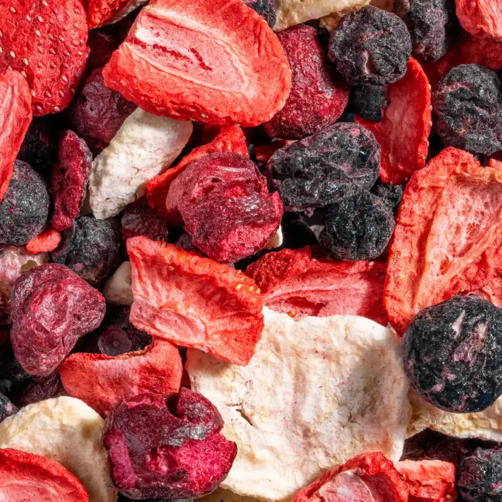 Ein Bild zeigt eine Makroaufnahme der gefriergetrockneten Fruchtmischung "Der Klassiker" von Nutripur