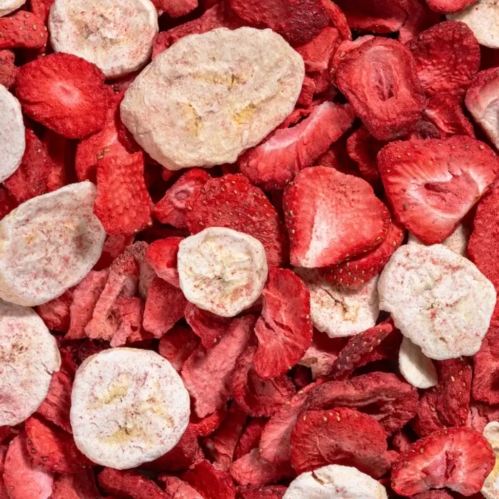 Ein Bild zeigt eine Makroaufnahme der gefriergetrockneten "Lieblinge Erdbeer-Banane" von Nutripur