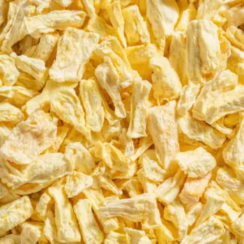 Ein Bild zeigt eine Makroaufnahme der gefriergetrockneten Ananas von Nutripur