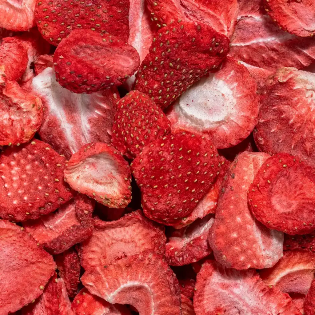Ein Bild zeigt eine Makroaufnahme der gefriergetrockneten Erdbeeren in Scheiben von Nutripur