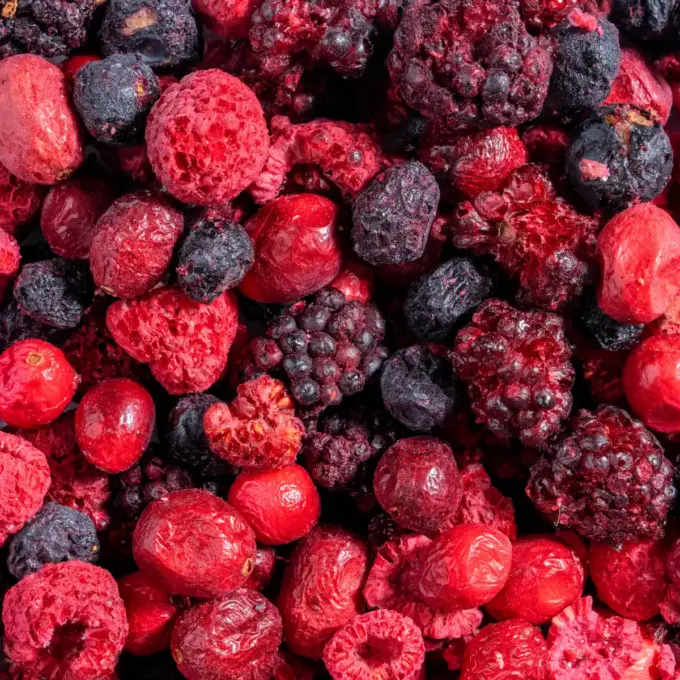 Ein Bild zeigt eine Makroaufnahme der gefriergetrockneten Waldbeeren von Nutripur