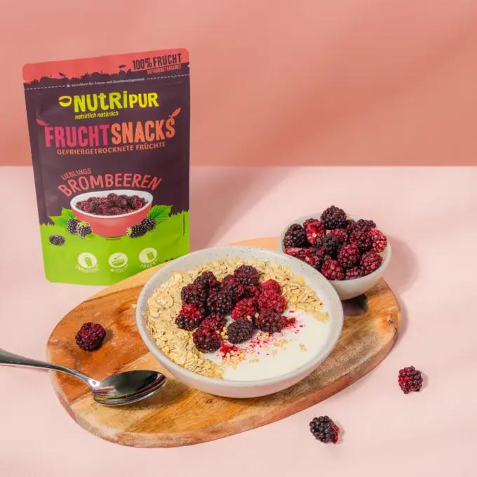 Bild zeigt gefriergetrocknete Brombeeren im Müsli